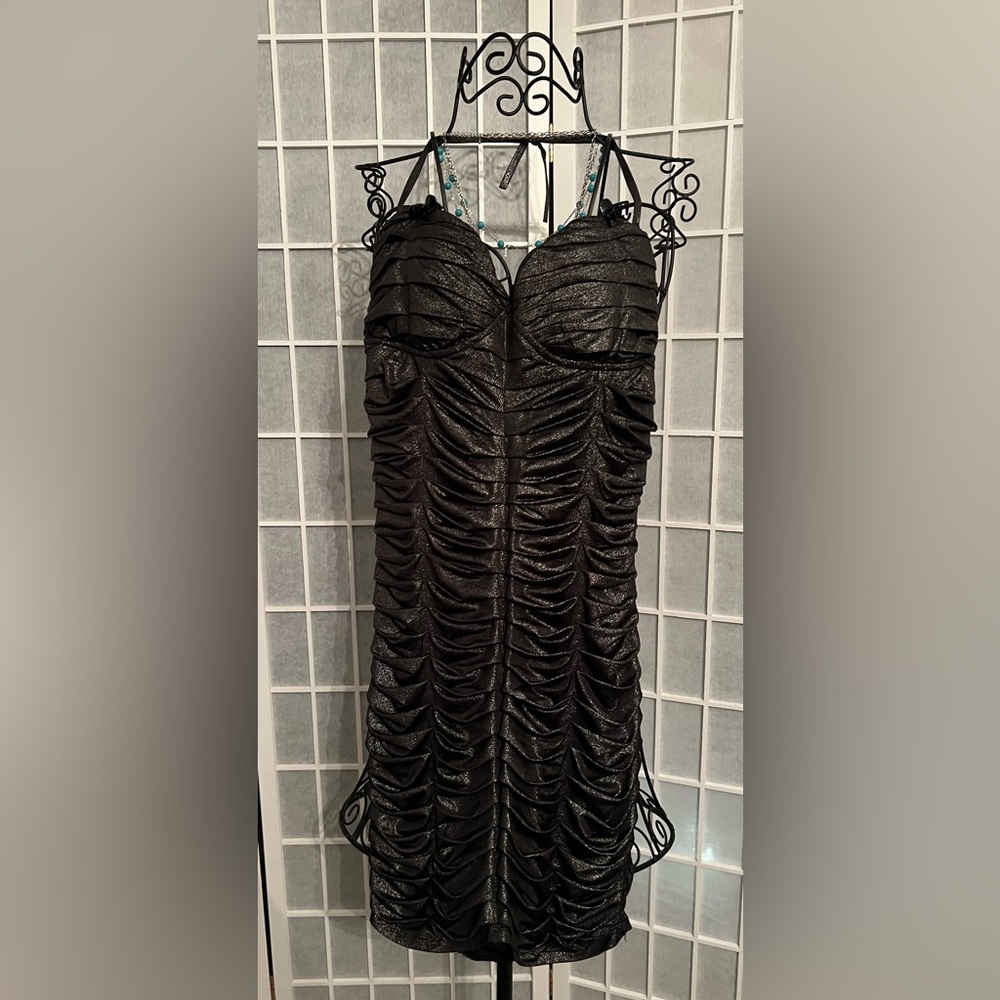 2B BEBE Black (Charcoal Silver Grey Black) Ruched Pleat Dress Size Small NWT